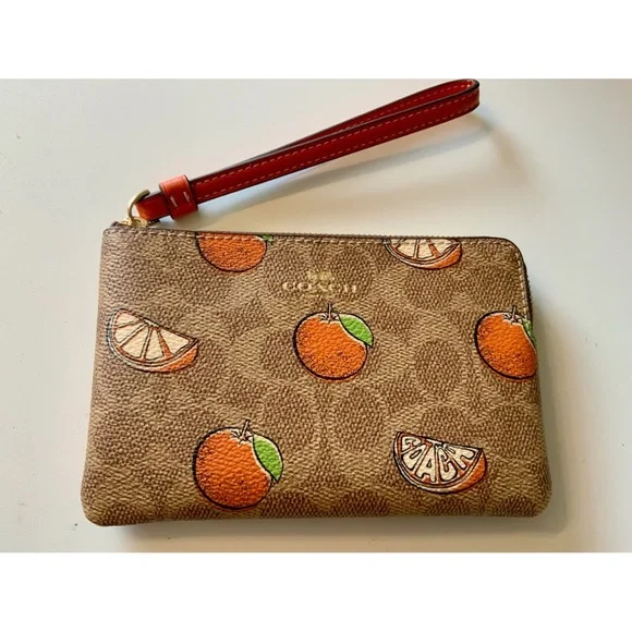 NWT 🧡Coach Corner Zip Wristlet In Signature Canvas With Orange Print 🍊 - Picture 3 of 4